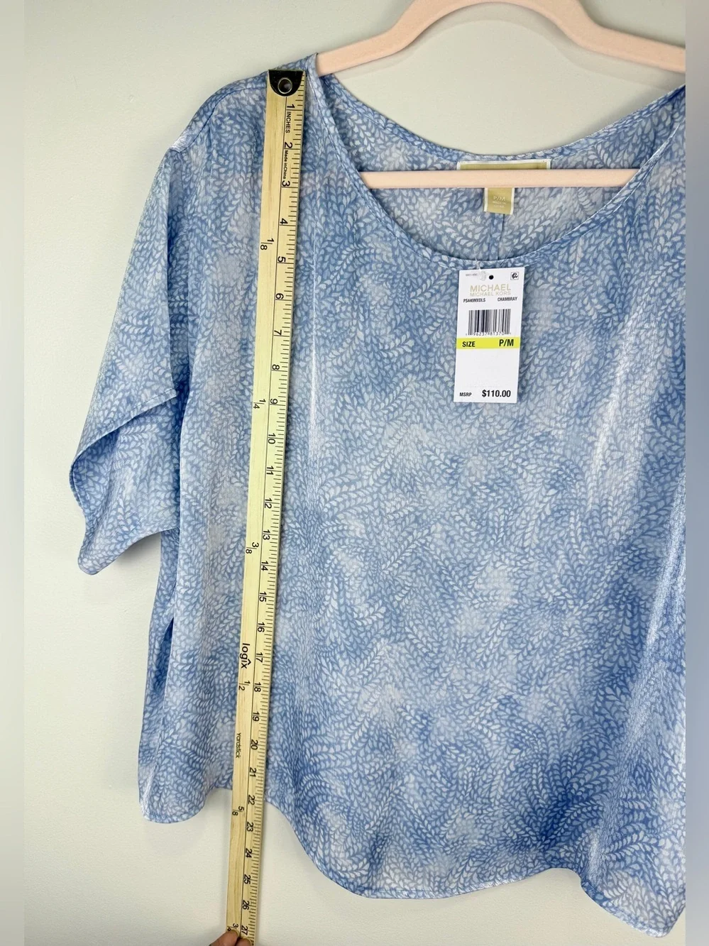 Michael Kors Petite Medium Blue Floral Print Blouse Short Sleeve Casual Top NWT